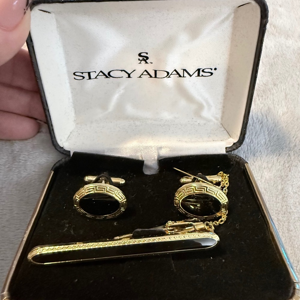 Vintage Stacy Adams Cufflinks Tie Bar Set Black Gold Tone NOS Original Box